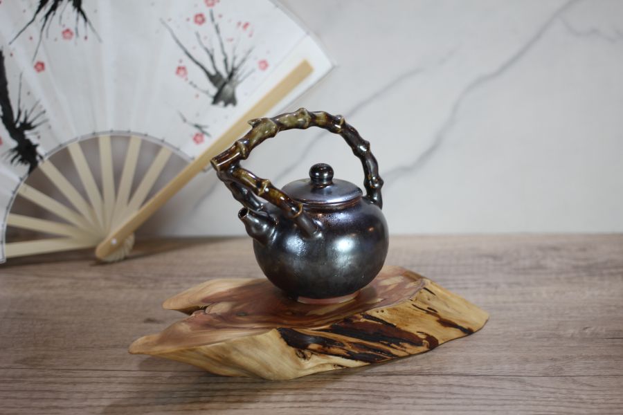 天目釉 柴燒竹節提樑茶壺-葉敏祥老師 