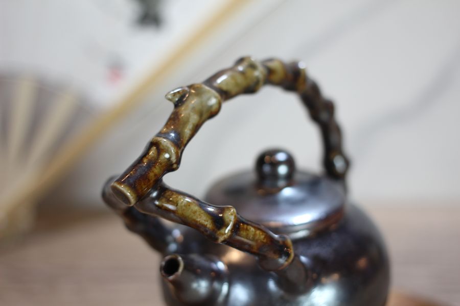 天目釉 柴燒竹節提樑茶壺-葉敏祥老師 