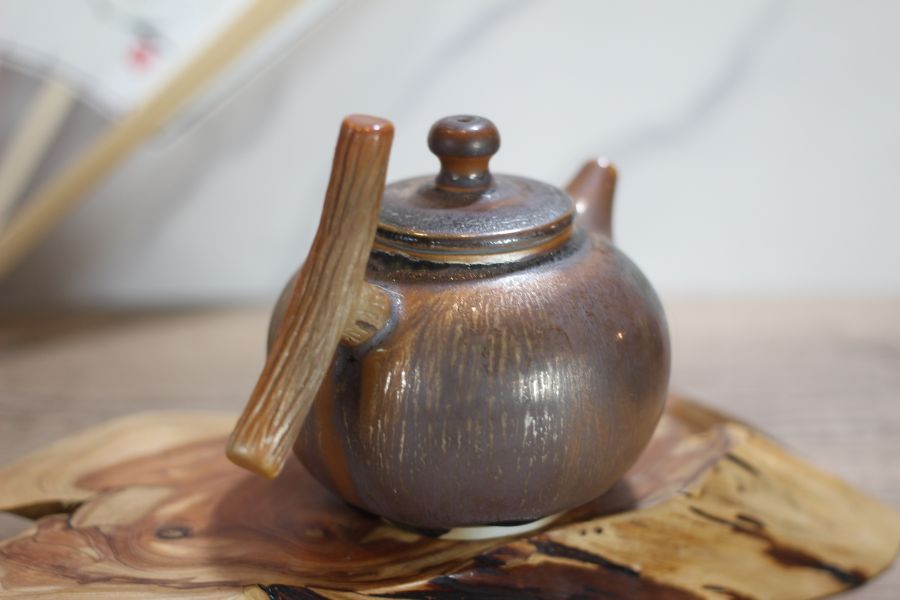上釉 柴燒木紋把茶壺-葉敏祥老師 
