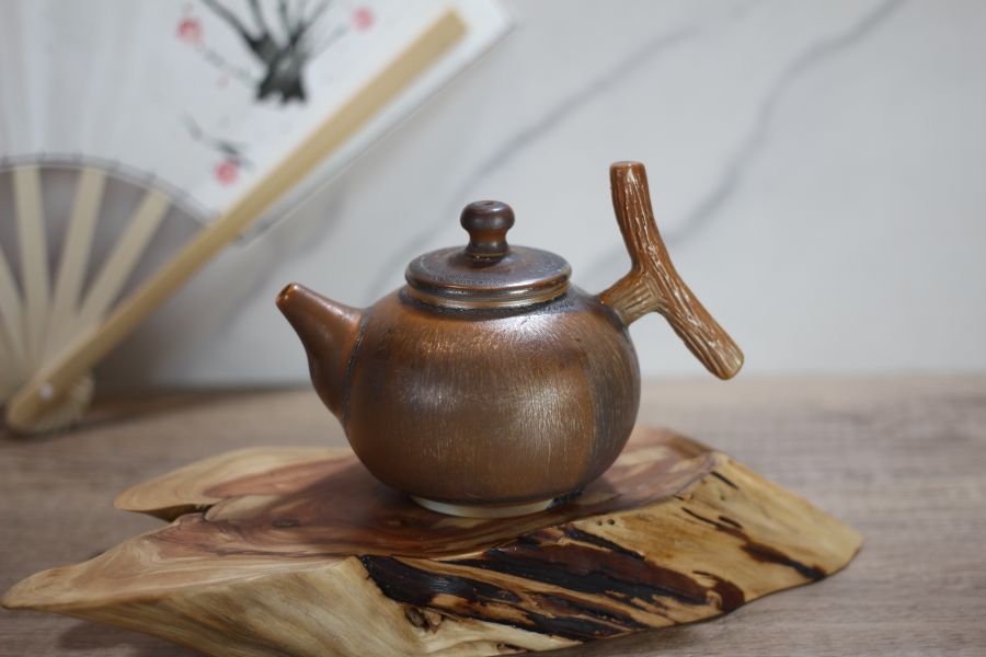 上釉 柴燒木紋把茶壺-葉敏祥老師 