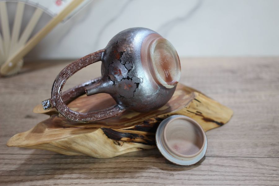 天目釉 柴燒木紋提樑茶壺-葉敏祥老師 