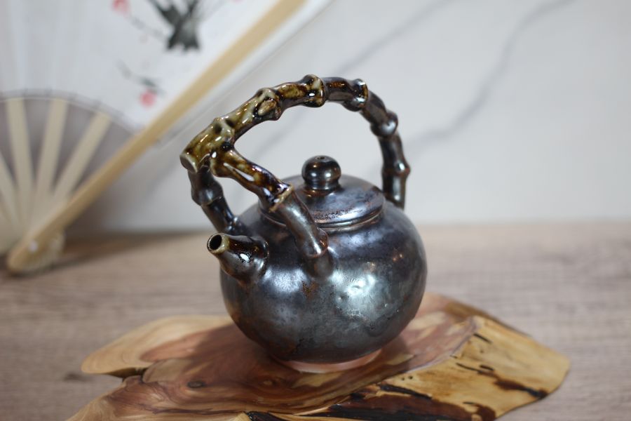 天目釉 柴燒竹節提樑茶壺-葉敏祥 