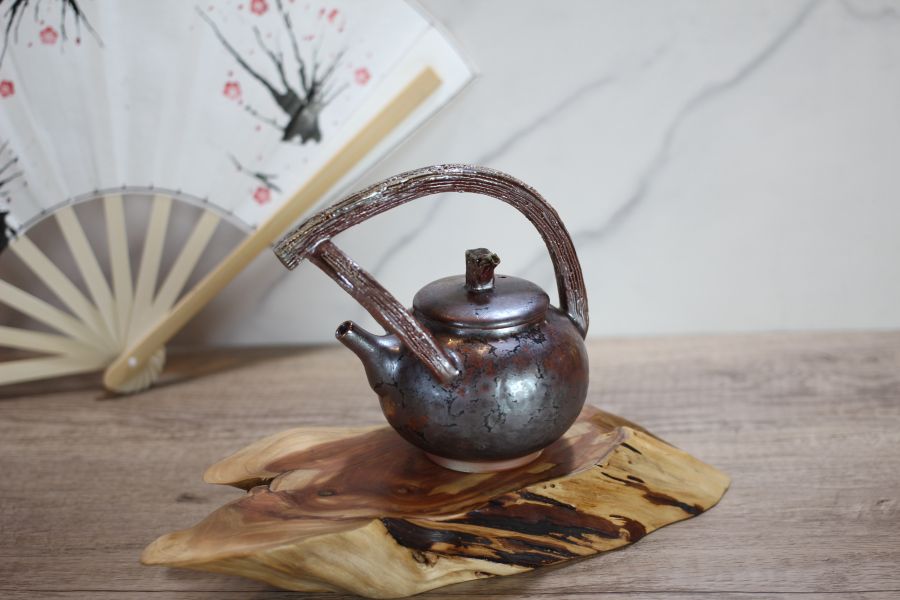 天目釉 柴燒木紋提樑茶壺-葉敏祥老師 