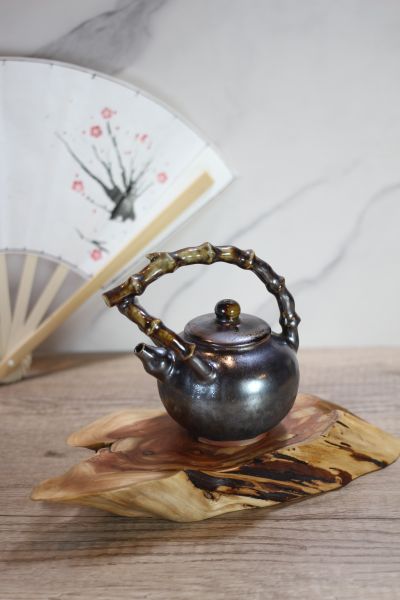 天目釉 柴燒竹節提樑茶壺-葉敏祥老師 