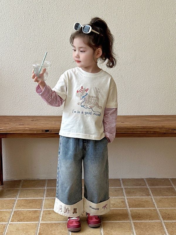 預購秋款女童休閒百搭寬鬆牛仔長褲尺寸80-130 