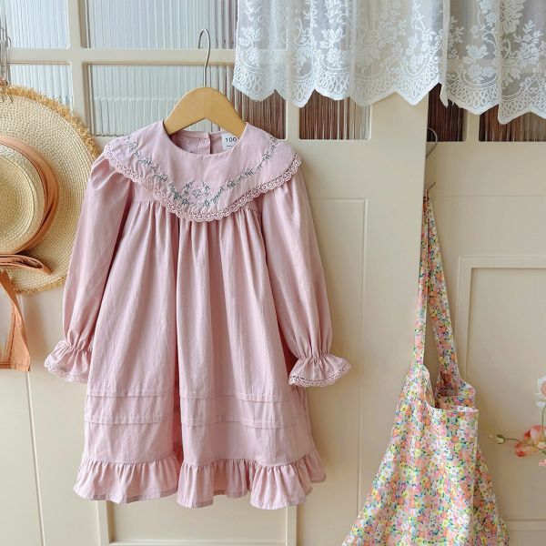 預購秋款法式復古花朵繡花女童連衣裙 尺寸90-140 