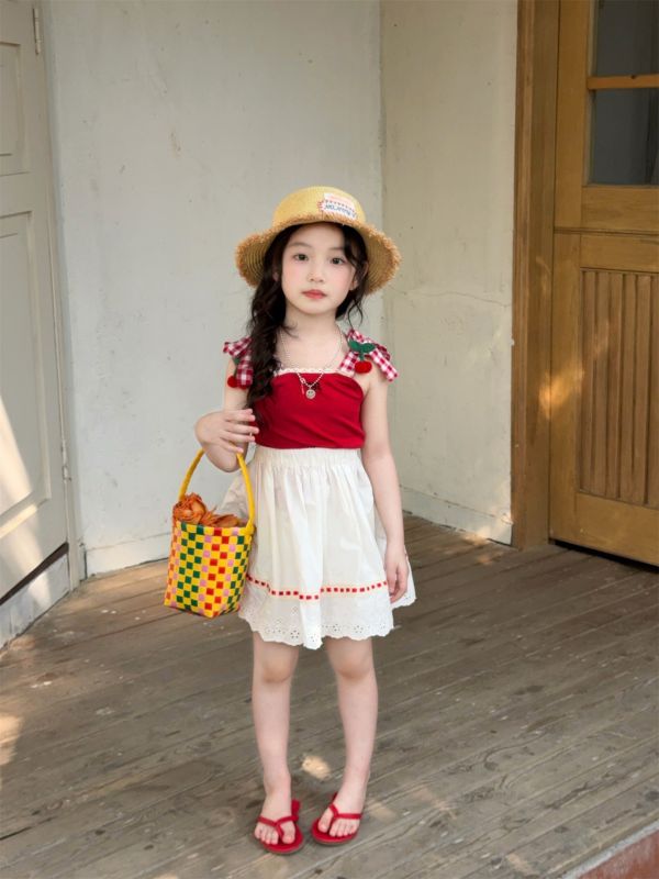 預購夏款女童櫻桃細肩背心花邊裙套裝 