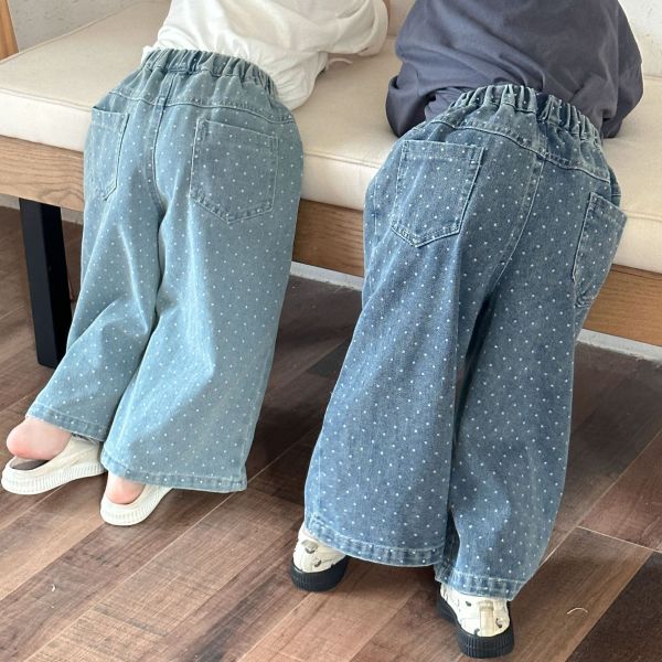 預購男女童點點牛仔寬長褲尺寸80-150 