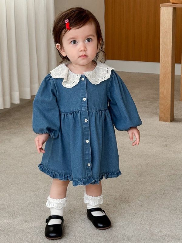 預購秋款女寶翻领刺绣花邊公主裙洋裝尺寸80-130 