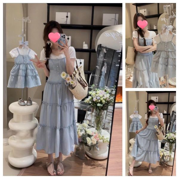 預購夏款花邊法式母女荷葉邊吊帶連衣裙套裝 