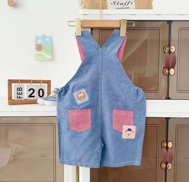 【預購】夏款-日單男女童刺繡熊熊吊帶褲 