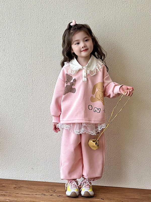 預購秋款女童熊熊蕾絲套裝尺寸80-130 