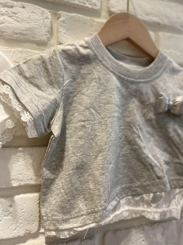 26117-2現貨夏款女童短版灰色立體蝴蝶結蕾絲上衣尺寸80-120 