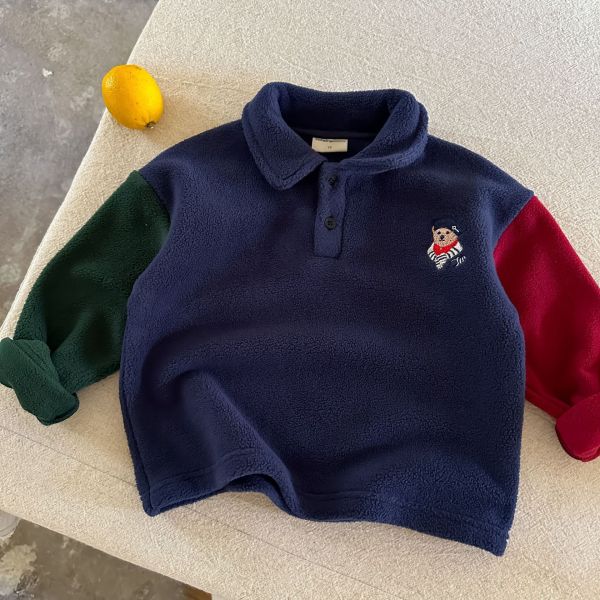 預購冬款男童熊熊拼色polo搖粒絨上衣尺寸90-140 