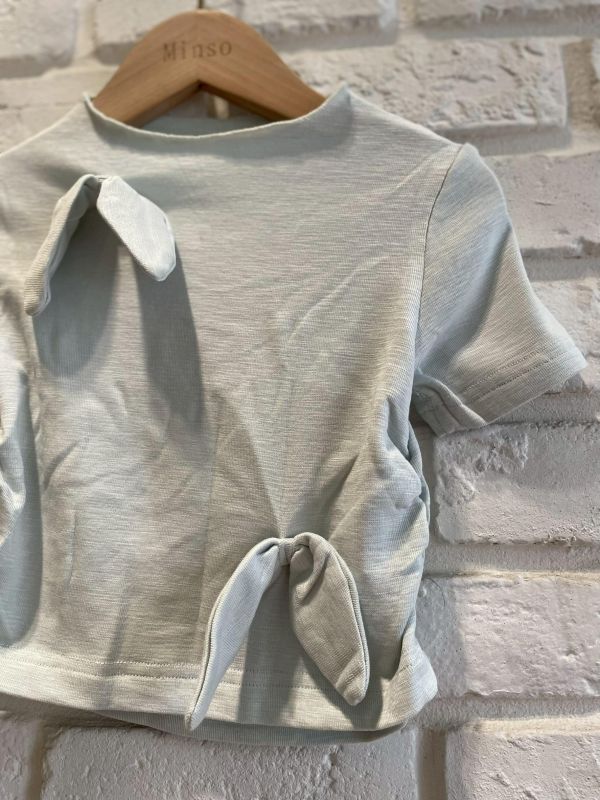 26075-2現貨夏款女童寶寶藍不對稱設計感蝴蝶結短版上衣尺寸80-120 