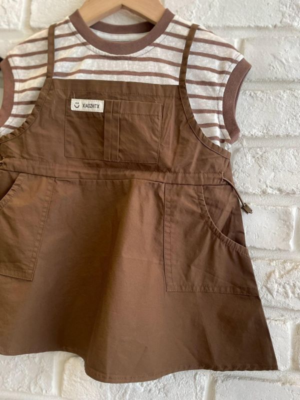 26100-2現貨夏款女童咖色假兩件洋裝上衣尺寸80-120 