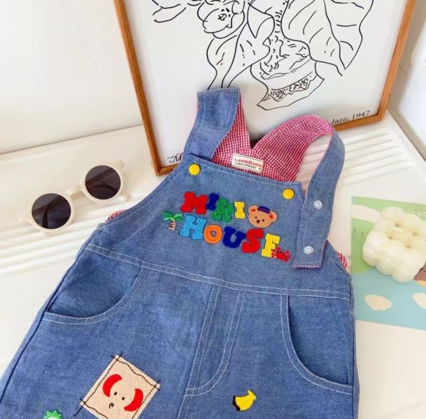 【預購】夏款-日單男女童刺繡熊熊吊帶褲 
