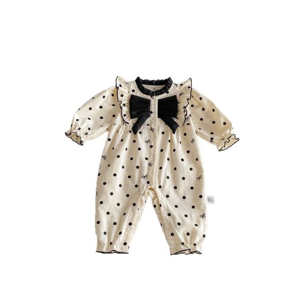 預購秋款女寶點點蝴蝶結連身衣尺寸66-90 