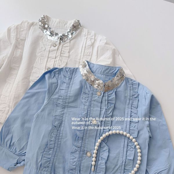 預購秋款女童法式復古風立領長袖襯衫尺寸90-150 