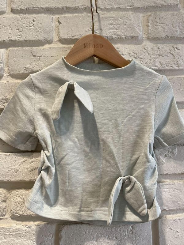 26075-2現貨夏款女童寶寶藍不對稱設計感蝴蝶結短版上衣尺寸80-120 