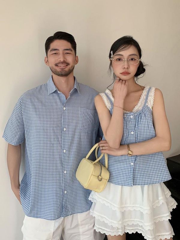 預購夏款格子襯衫母女海邊度假蕾絲短裙套裝親子裝『小孩』 