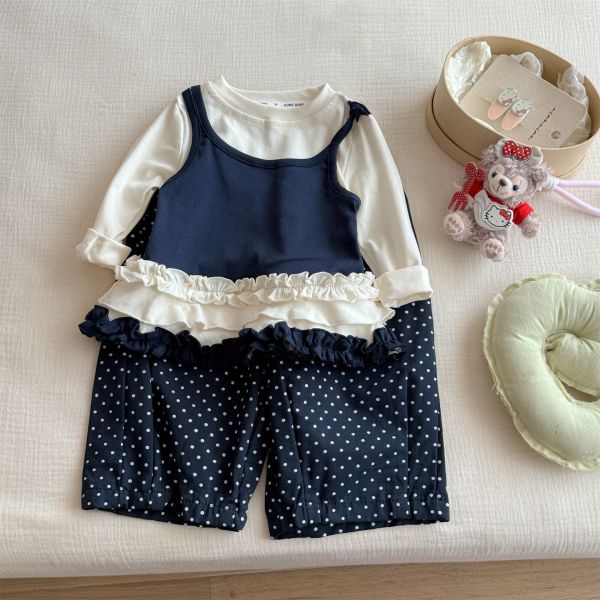 預購秋款女童甜美花邊假两件套裝尺寸90-140 