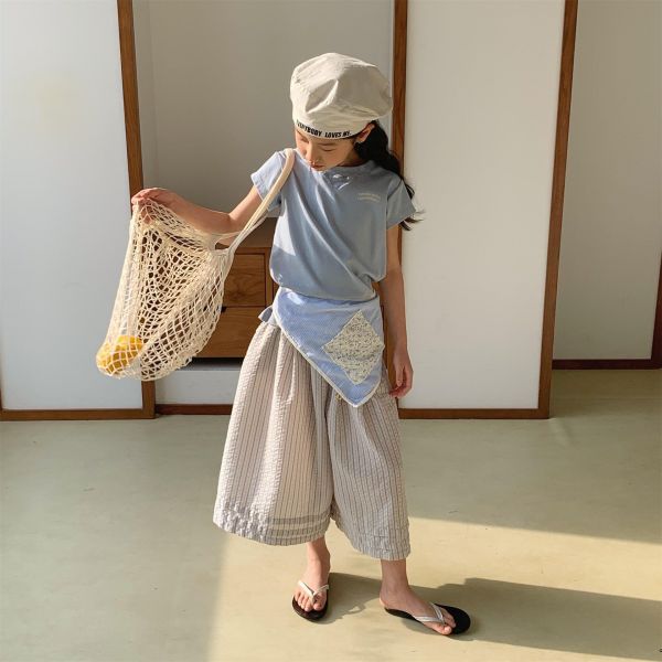 【預購】夏款--男女童條紋設計款七分寬褲 