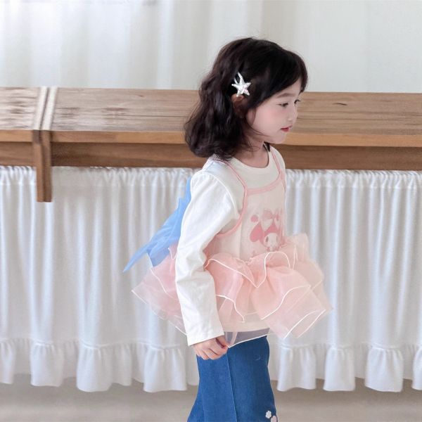 預購秋款女童美樂蒂甜美蝴蝶結網紗上衣真2件式上衣尺寸100-150 