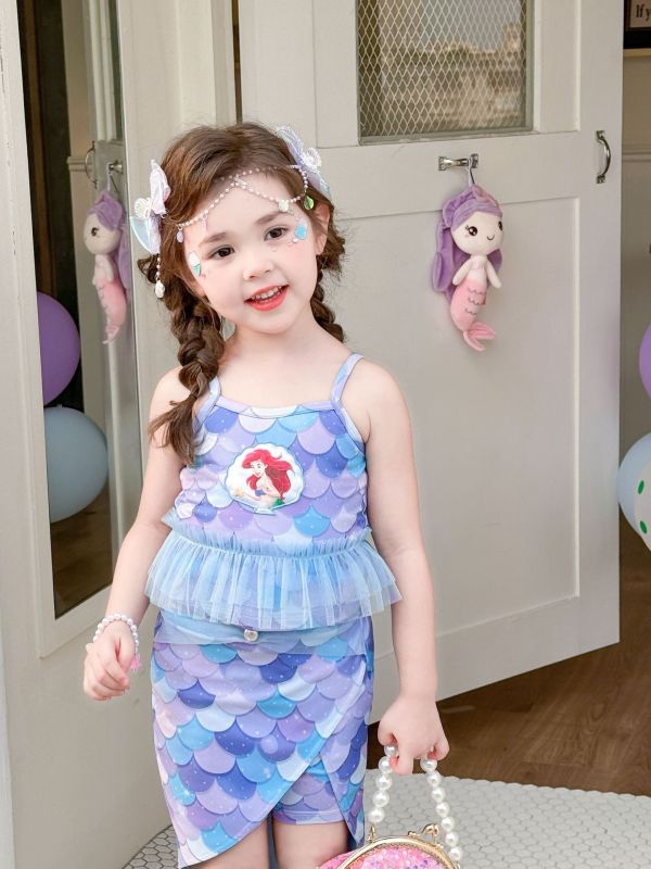 現貨夏款-女童可愛甜美美人魚3件套洋裝（可當泳衣） 