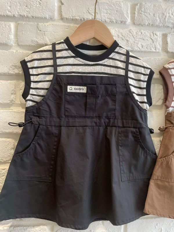 26100-1現貨夏款女童黑色假兩件洋裝上衣尺寸80-120 