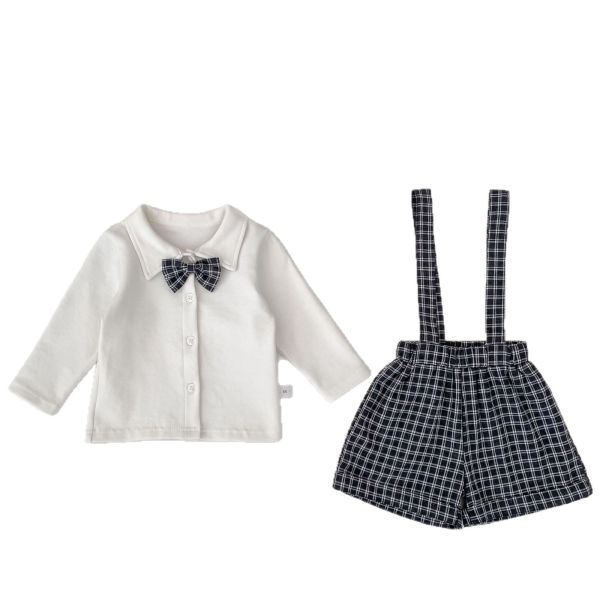 預購秋款男寶英倫風格子背带裤套裝尺寸66-100 