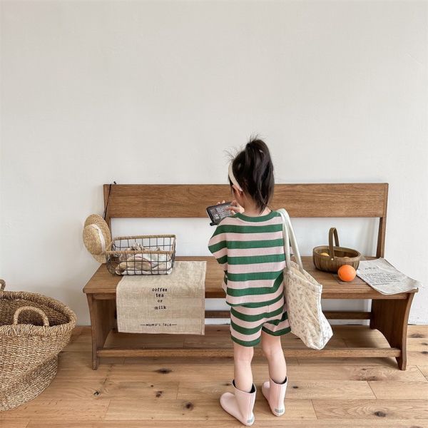 【預購】夏款--男女童字母條紋休閒背心套裝 