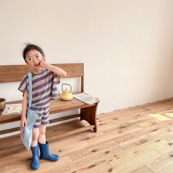 【預購】夏款--男女童字母條紋休閒背心套裝 