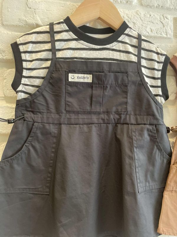 26100-1現貨夏款女童黑色假兩件洋裝上衣尺寸80-120 