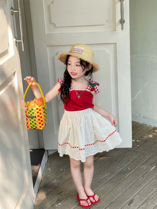 預購夏款女童櫻桃細肩背心花邊裙套裝 