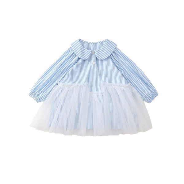 預購秋款女童條紋拼接網紗洋裝尺寸90-140 