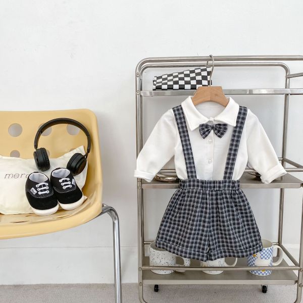 預購秋款男寶英倫風格子背带裤套裝尺寸66-100 