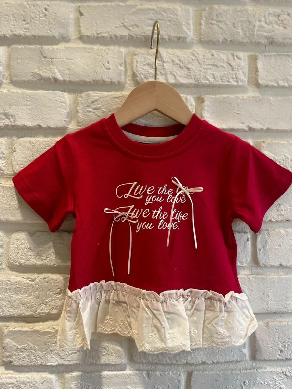 2636-2現貨女童夏款紅色花邊蝴蝶結字母上衣尺寸80-120 