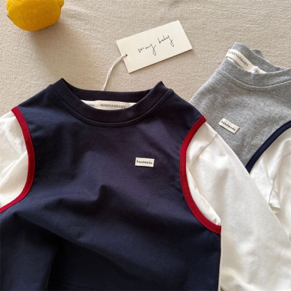 預購秋款男童日系假兩件上衣尺寸90-140 