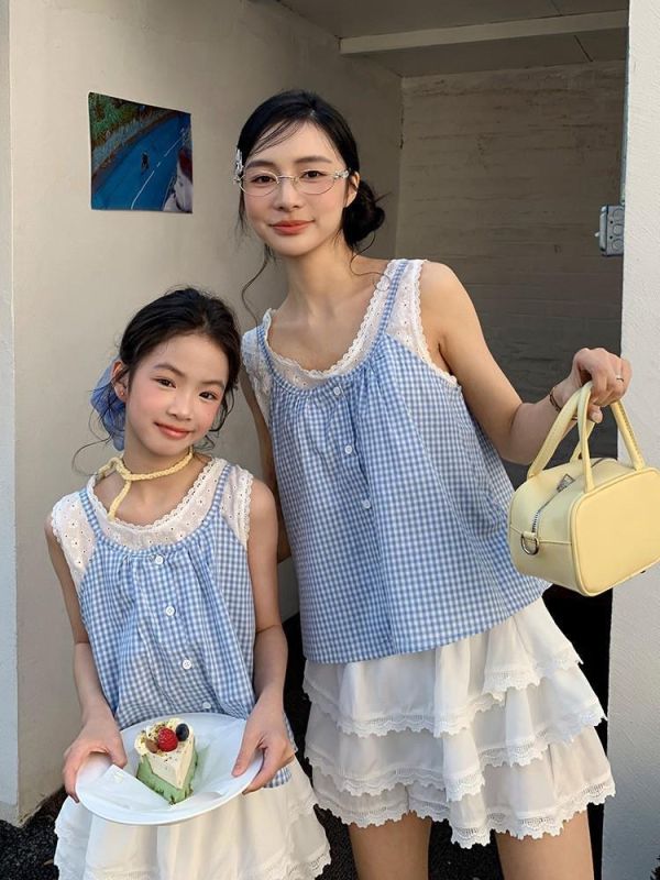 預購夏款格子襯衫母女海邊度假蕾絲短裙套裝親子裝『小孩』 
