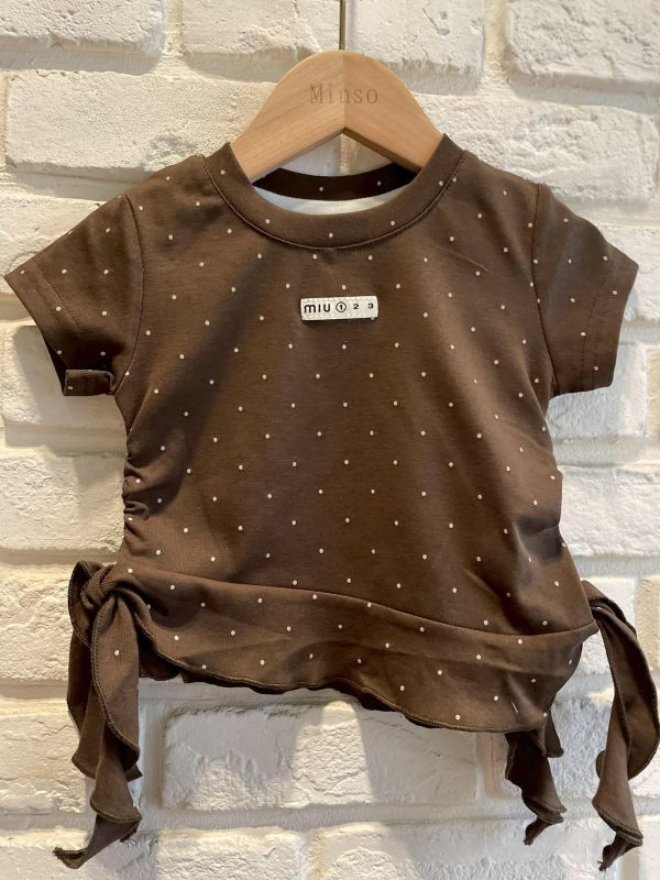 26055-現貨夏款女童簡約點點設計綁帶短版上衣尺寸80-120 