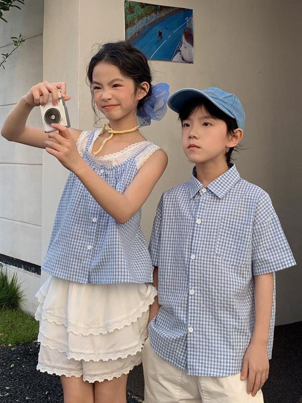 預購夏款格子襯衫母女海邊度假蕾絲短裙套裝親子裝『大人』 