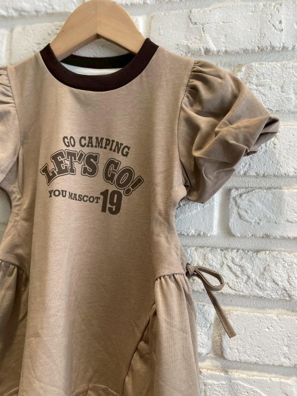 26136-1現貨夏款女童韓系泡泡袖咖色字母側綁洋裝尺寸80-120 