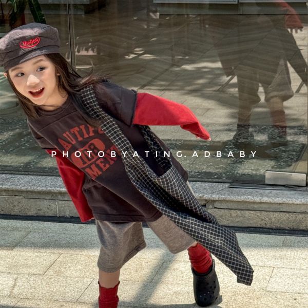 預購秋款男女童美式假兩件上衣尺寸80-130 