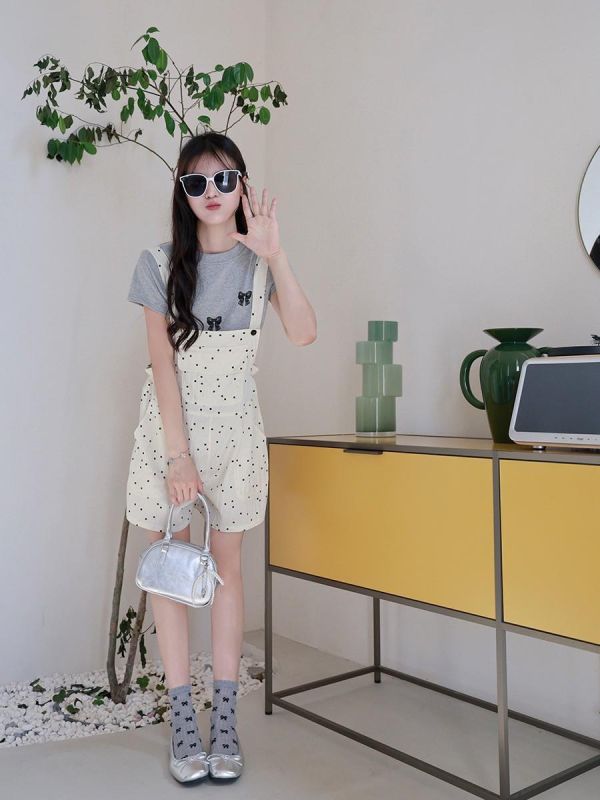 預購夏款點點母女吊帶褲親子裝 
