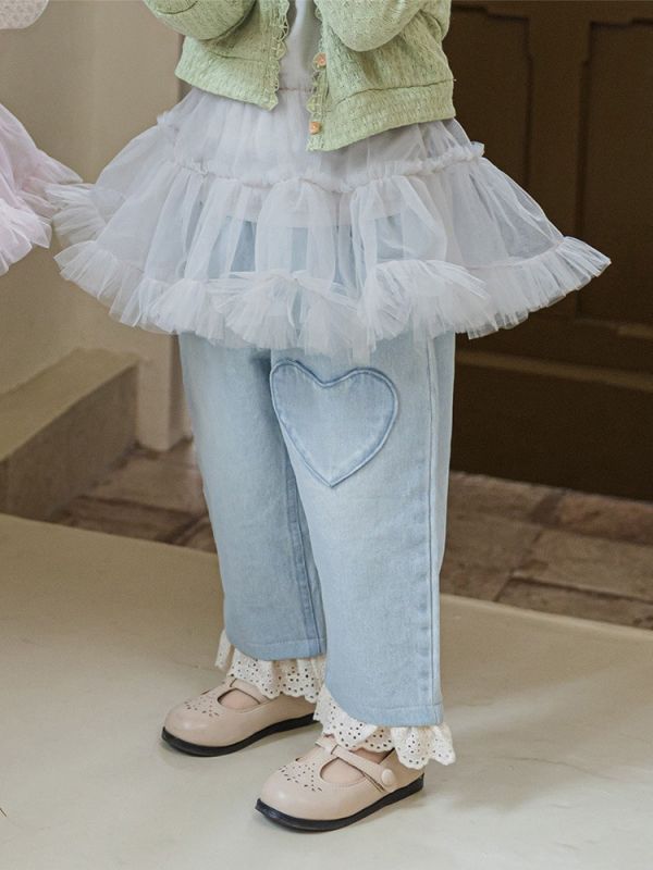 預購秋款女童鬆緊腰蕾絲邊柔軟休閒牛仔褲90-150 