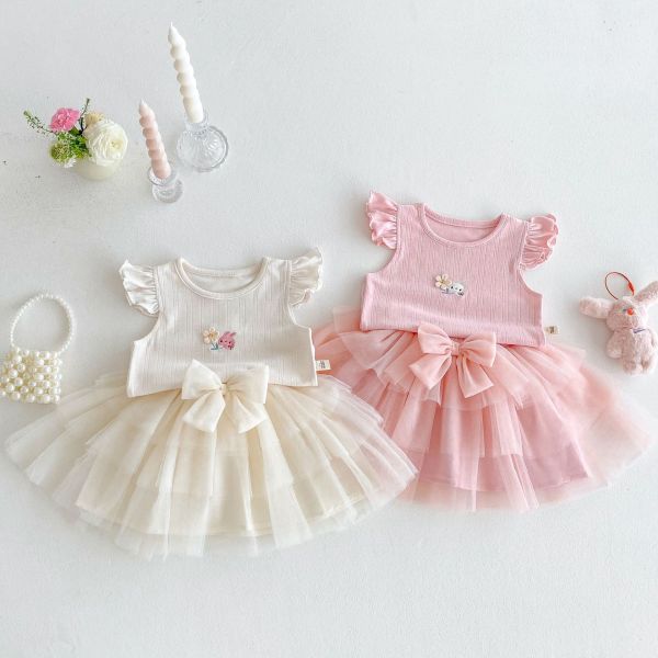 【預購】夏款--女童刺繡蝴蝶結蓬蓬紗裙套裝 
