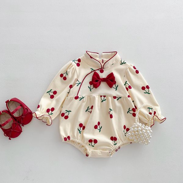 預購秋款女寶櫻桃旗袍蝴蝶結包屁衣尺寸66-90 