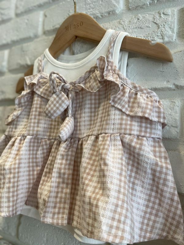 26038-2現貨夏款女童咖色上衣真兩件套裝尺寸80-120 