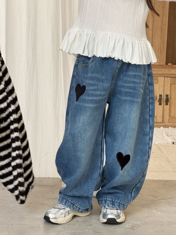 預購冬款女童加絨彎刀褲刺繡愛心闊腿長褲尺寸90-150 